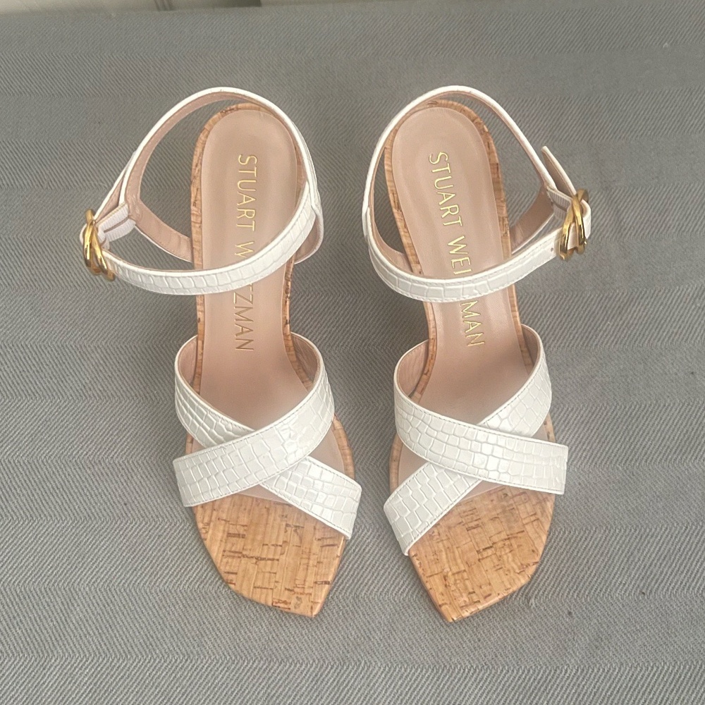 Stuart Weitzman Analeigh women's white 7.5m Easy Cork Sandal heeled